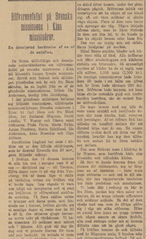 The article about the robbery in the Gothenburg edition of Aftonbladet, 1911.