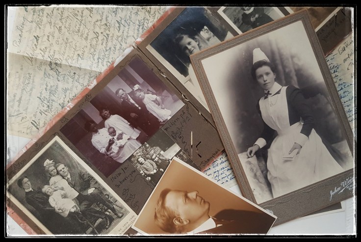 A collection of vintage photographs and handwritten letters, featuring a nurse in uniform, a family group, and various portraits, arranged on a textured background.